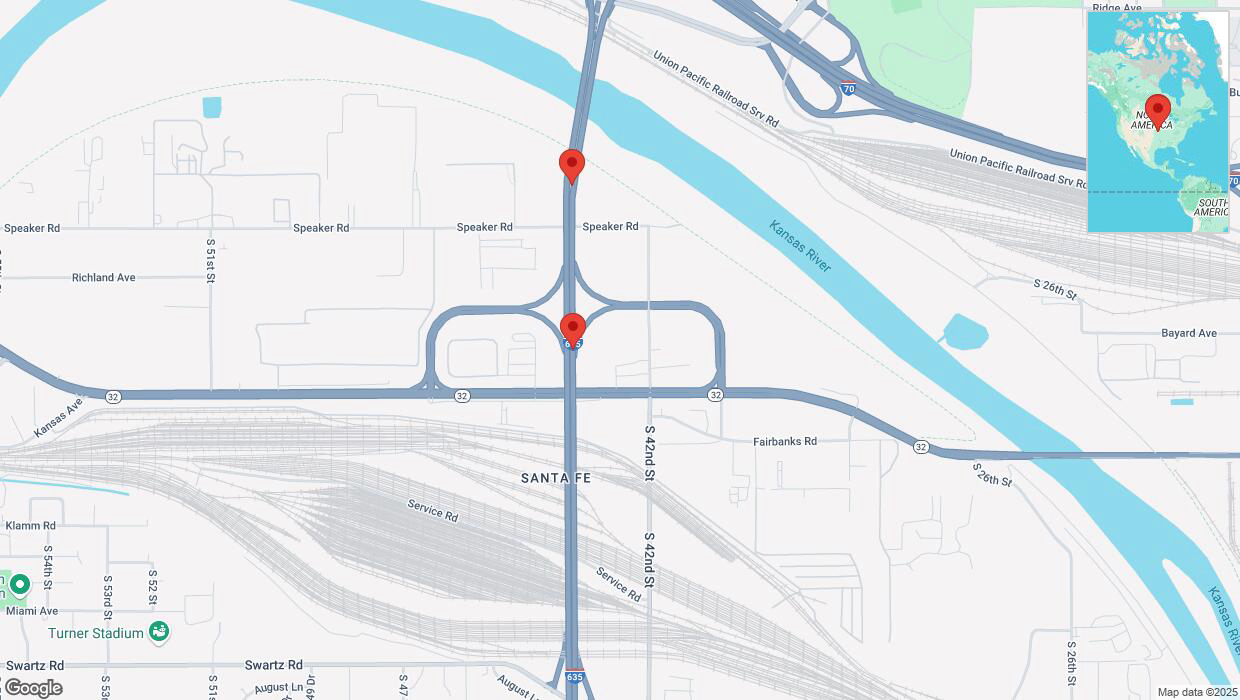 A detailed map that shows the affected road due to 'Broken down vehicle on northbound I-635 in Kansas City' on February 27th at 9:06 a.m.