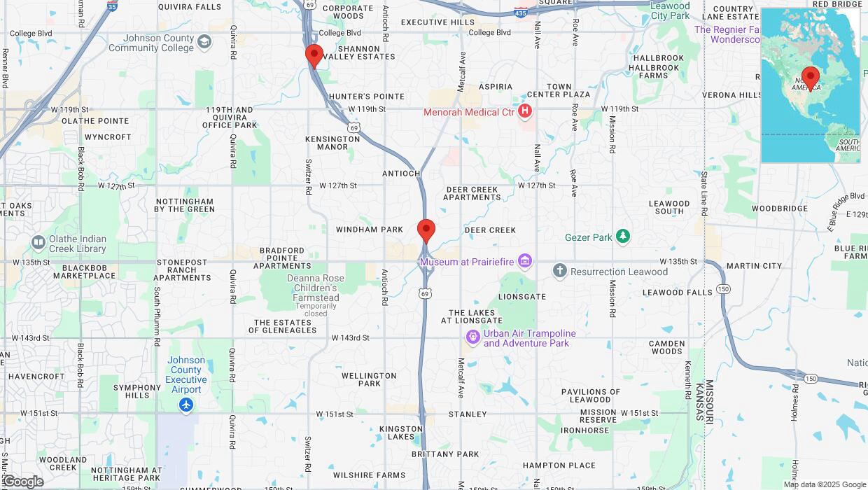 A detailed map that shows the affected road due to 'Lane on US-69 closed in Overland Park' on March 1st at 11:32 p.m.