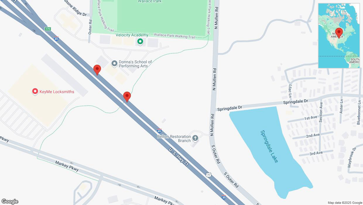 A detailed map that shows the affected road due to 'Broken down vehicle on northbound I-40/US-71 in Belton' on February 27th at 10:18 a.m.