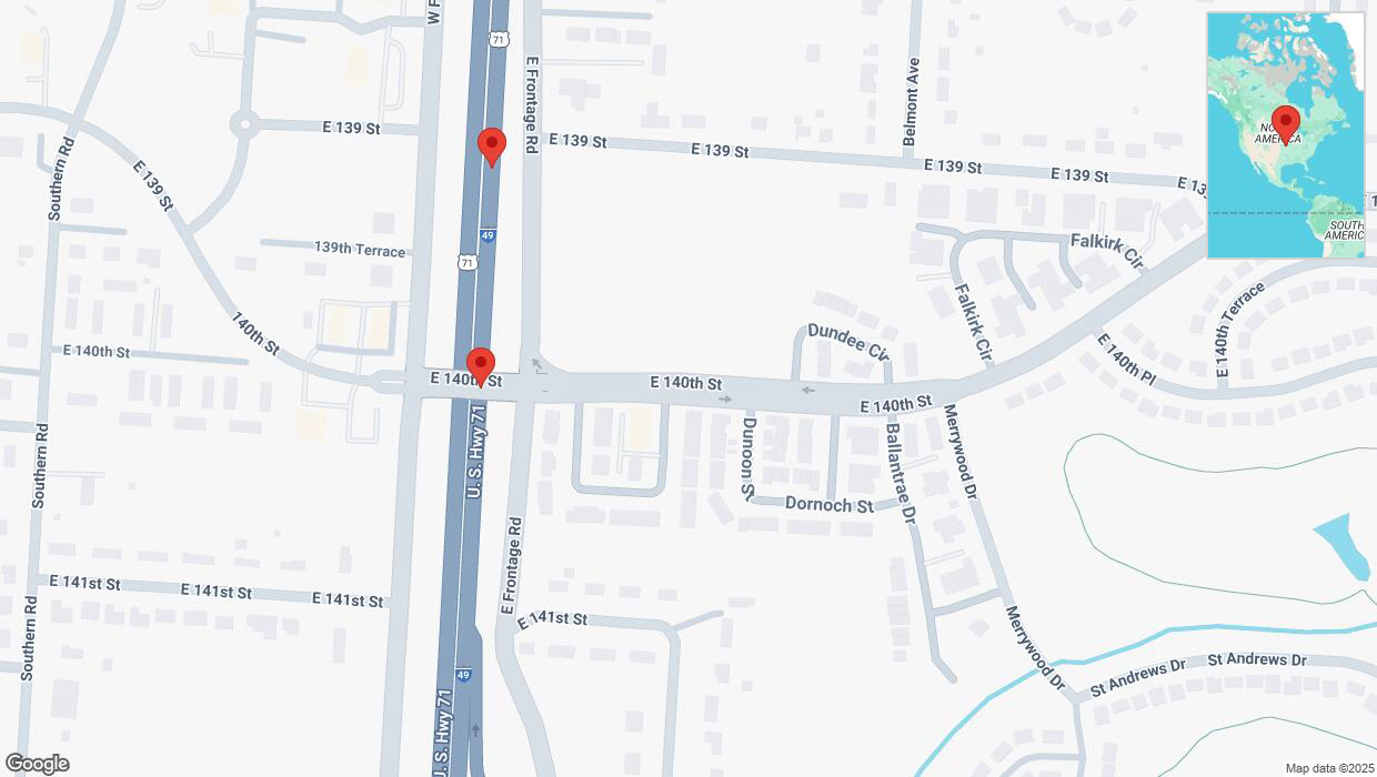 A detailed map that shows the affected road due to 'Broken down vehicle on northbound I-40/US-71 in Grandview' on February 27th at 10:29 a.m.