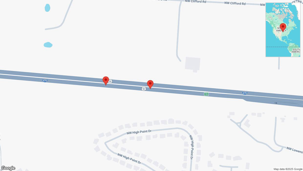A detailed map that shows the affected road due to 'Broken down vehicle on eastbound I-470 in Lee's Summit' on February 27th at 11:53 a.m.