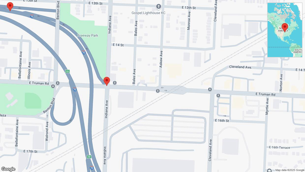 A detailed map that shows the affected road due to 'East Truman Road closed in Kansas City' on February 27th at 11:20 a.m.