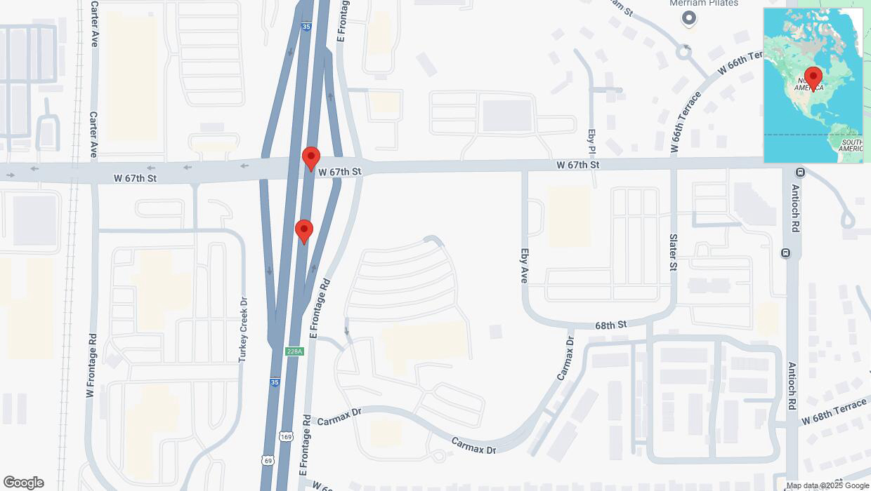 A detailed map that shows the affected road due to 'Broken down vehicle on eastbound I-35 in Merriam' on February 27th at 12:43 p.m.