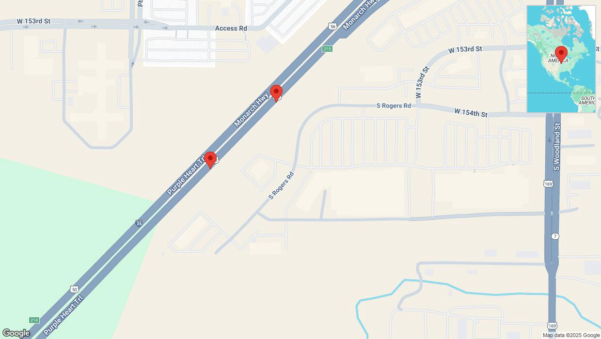 A detailed map that shows the affected road due to 'Broken down vehicle on eastbound I-35 in Olathe' on February 27th at 1:22 p.m.