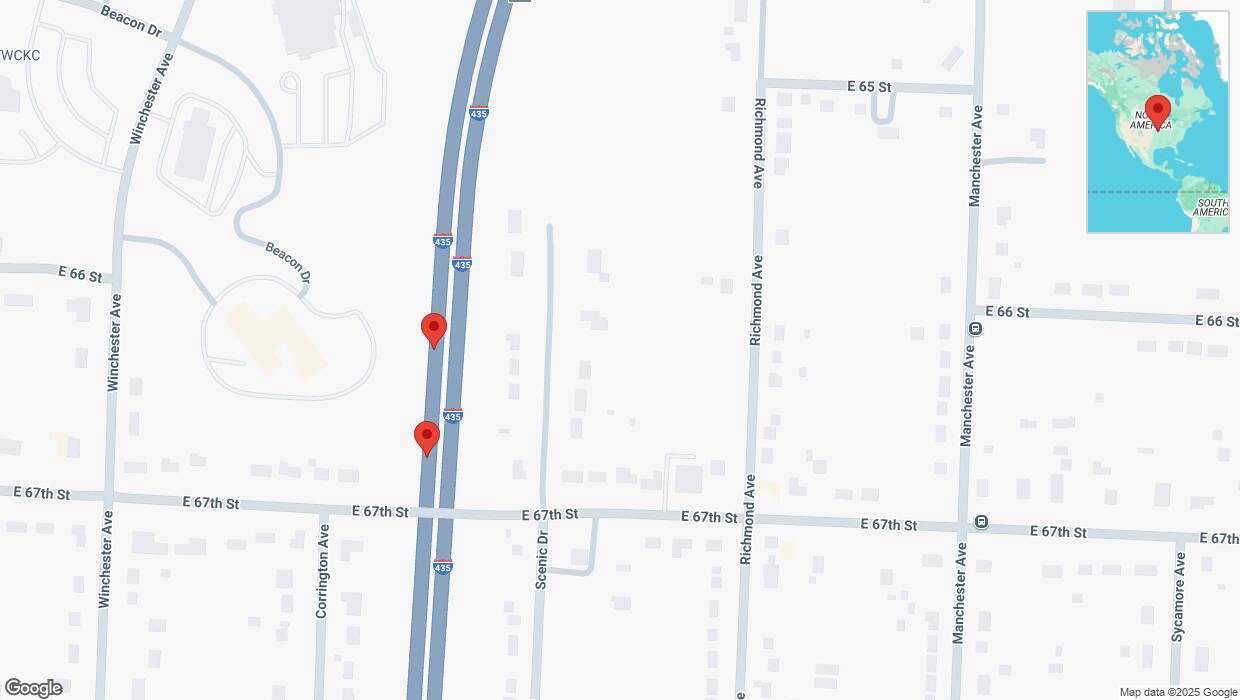 A detailed map that shows the affected road due to 'Broken down vehicle on southbound I-435 in Kansas City' on February 27th at 1:22 p.m.