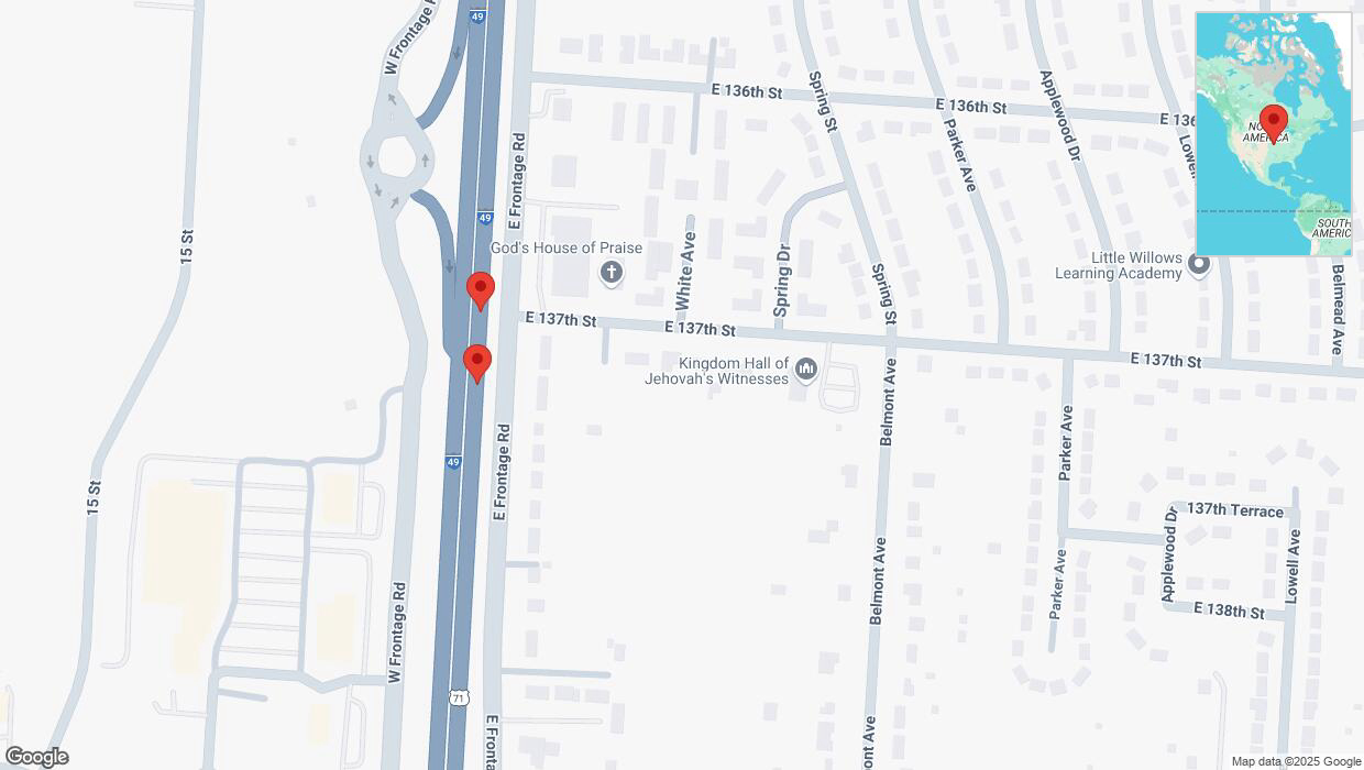 A detailed map that shows the affected road due to 'Broken down vehicle on northbound I-40/US-71 in Grandview' on February 27th at 2:25 p.m.