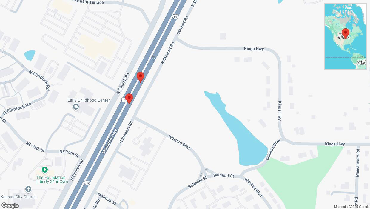 A detailed map that shows the affected road due to 'Crash reported on northbound I-35 in Liberty' on February 27th at 1:49 p.m.