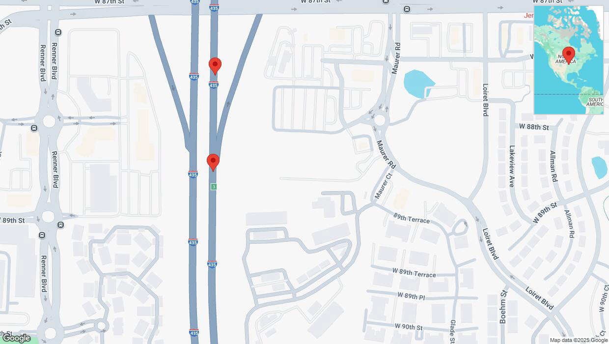 A detailed map that shows the affected road due to 'Broken down vehicle on northbound I-435 in Lenexa' on February 27th at 2:25 p.m.