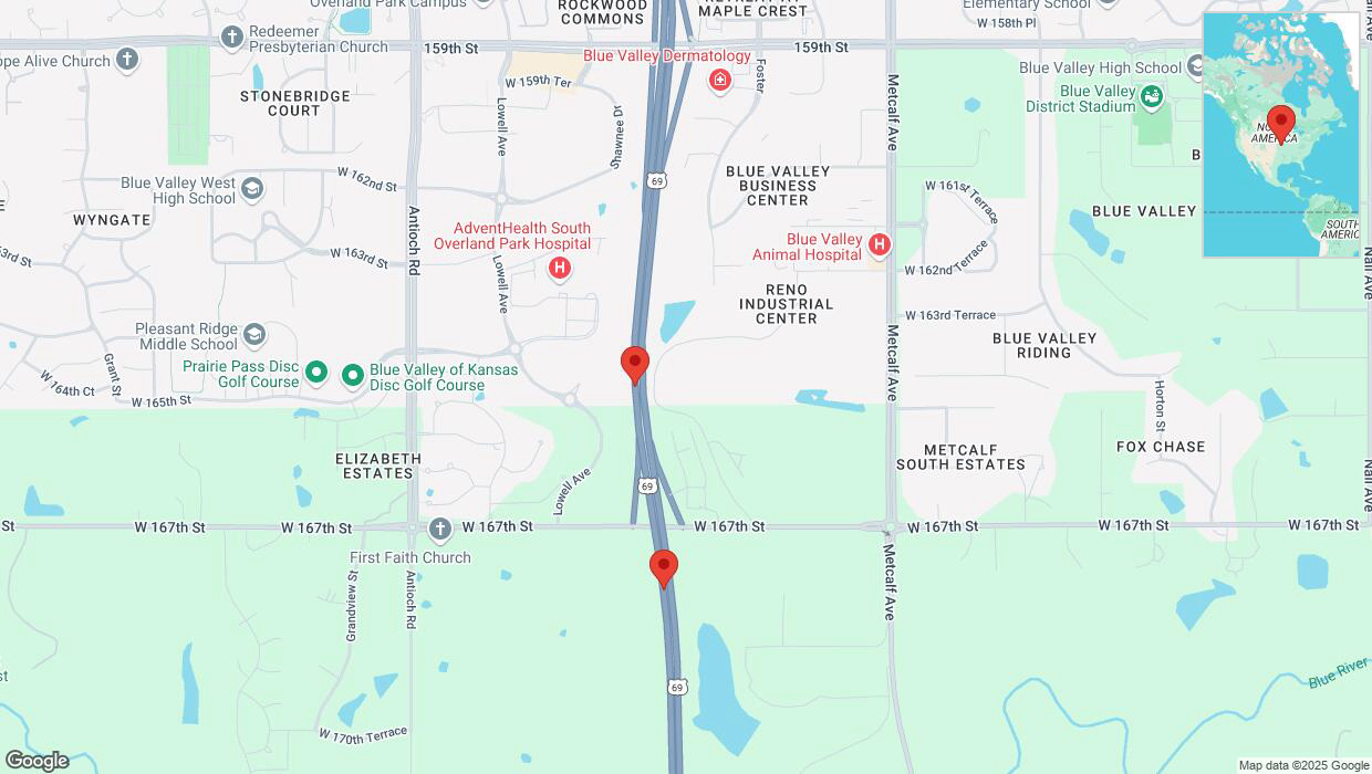 A detailed map that shows the affected road due to 'Lane on US-69 closed in Overland Park' on February 27th at 2:25 p.m.