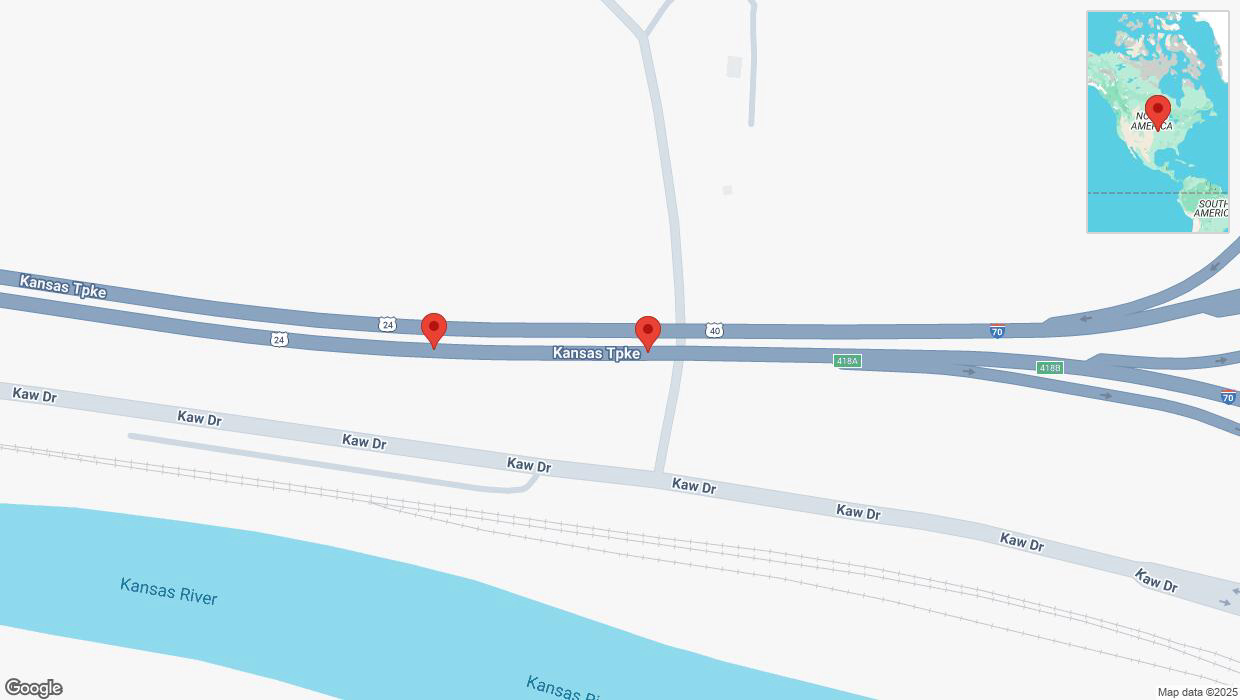 A detailed map that shows the affected road due to 'Broken down vehicle on eastbound I-70 in Kansas City' on February 27th at 3:45 p.m.