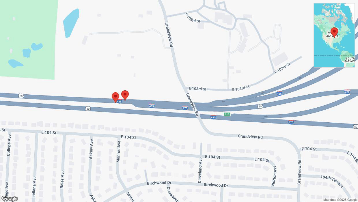 A detailed map that shows the affected road due to 'Broken down vehicle on southbound I-435 in Kansas City' on February 27th at 2:54 p.m.