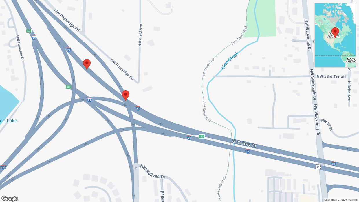A detailed map that shows the affected road due to 'Broken down vehicle on northbound I-29 in Kansas City' on February 27th at 4:07 p.m.