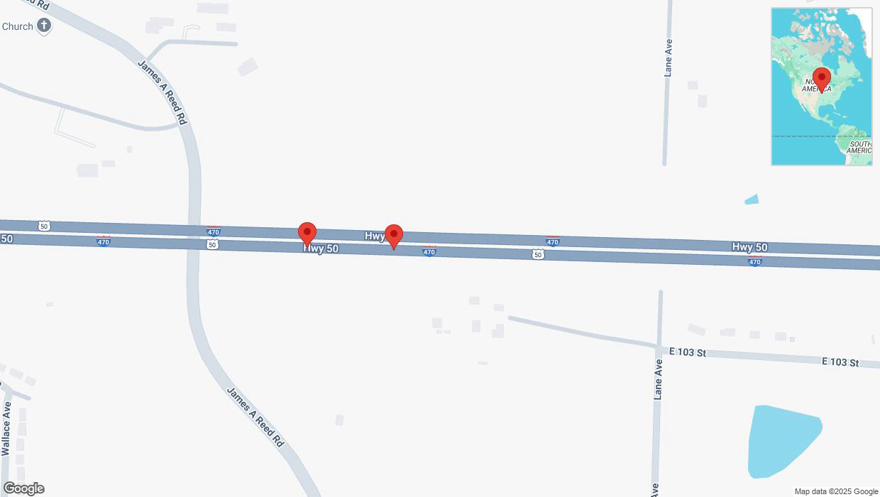 A detailed map that shows the affected road due to 'Broken down vehicle on eastbound I-470 in Kansas City' on February 27th at 4:07 p.m.