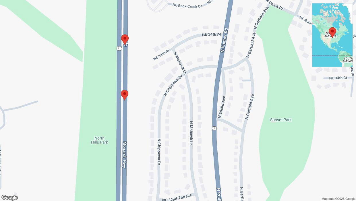 A detailed map that shows the affected road due to 'Broken down vehicle on northbound I-29/I-35 in Kansas City' on February 27th at 4:07 p.m.