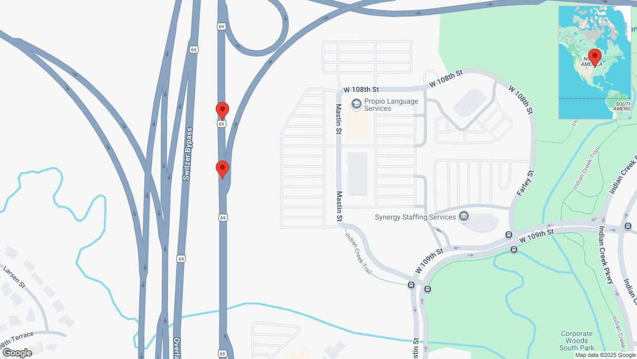 A detailed map that shows the affected road due to 'Broken down vehicle on northbound US-69 in Overland Park' on February 27th at 4:53 p.m.