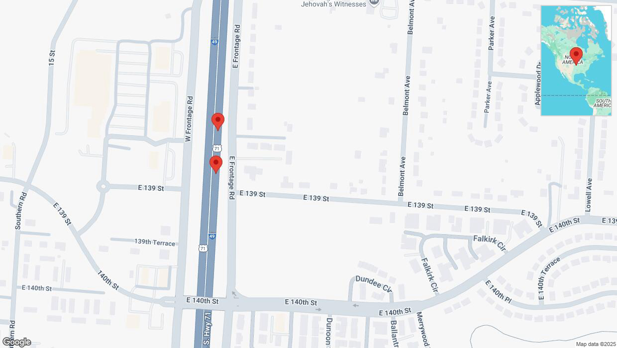 A detailed map that shows the affected road due to 'Broken down vehicle on northbound I-40/US-71 in Grandview' on February 27th at 5:05 p.m.