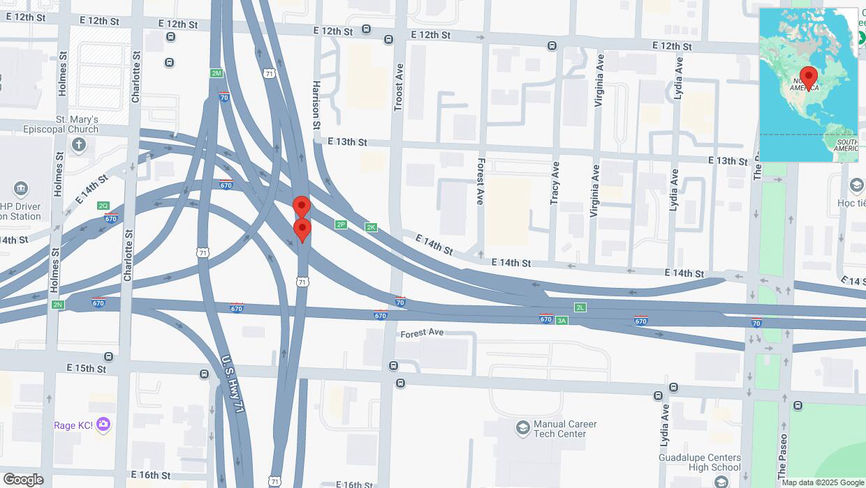A detailed map that shows the affected road due to 'Broken down vehicle on northbound US-71 in Kansas City' on February 27th at 5:11 p.m.