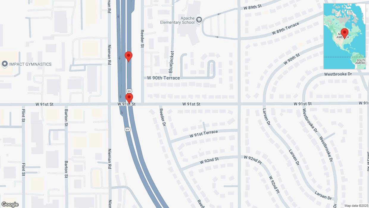 A detailed map that shows the affected road due to 'Broken down vehicle on northbound US-69 in Overland Park' on February 28th at 9:59 p.m.