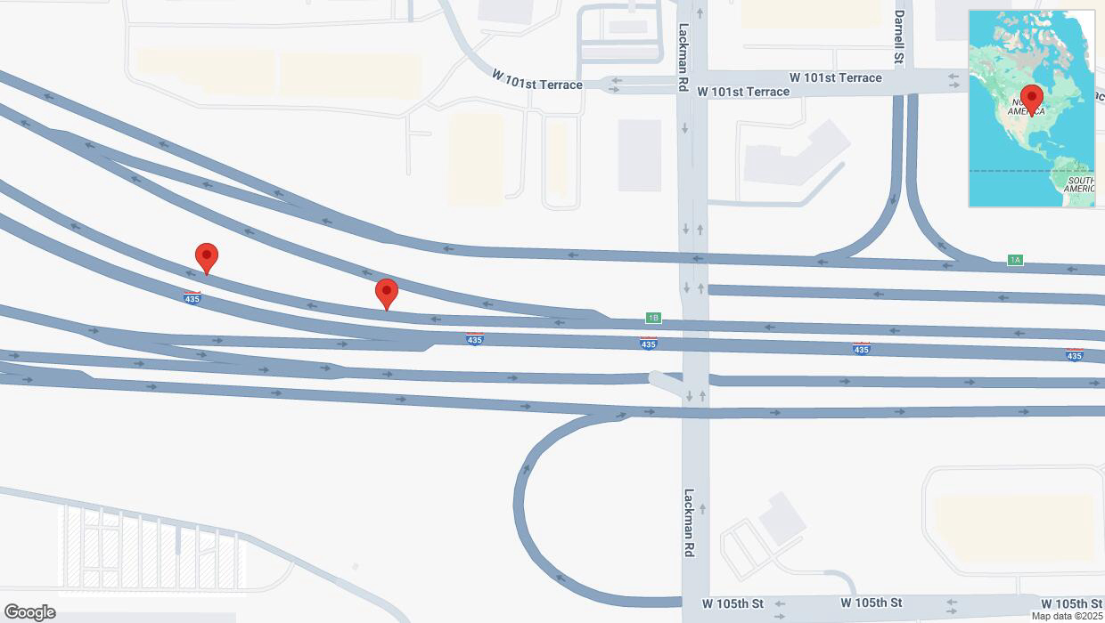 A detailed map that shows the affected road due to 'Broken down vehicle on northbound I-435 in Lenexa' on February 28th at 2:01 p.m.