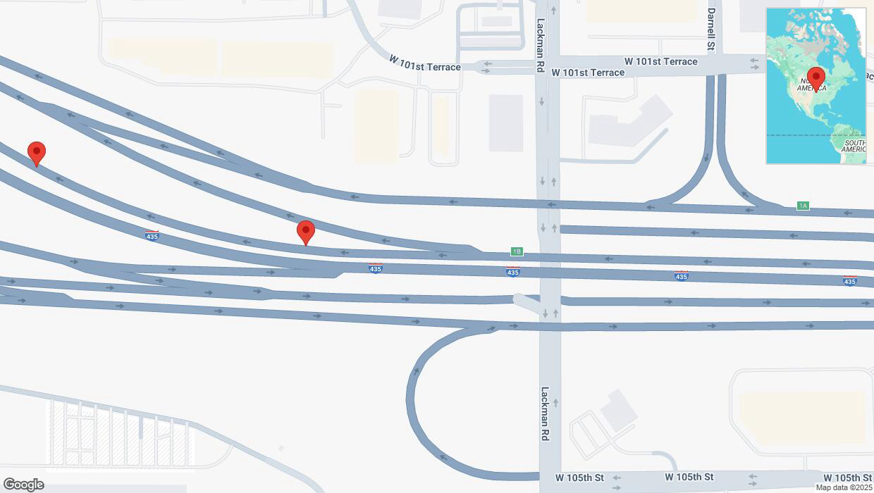 A detailed map that shows the affected road due to 'Broken down vehicle on northbound I-435 in Lenexa' on February 28th at 1:16 p.m.