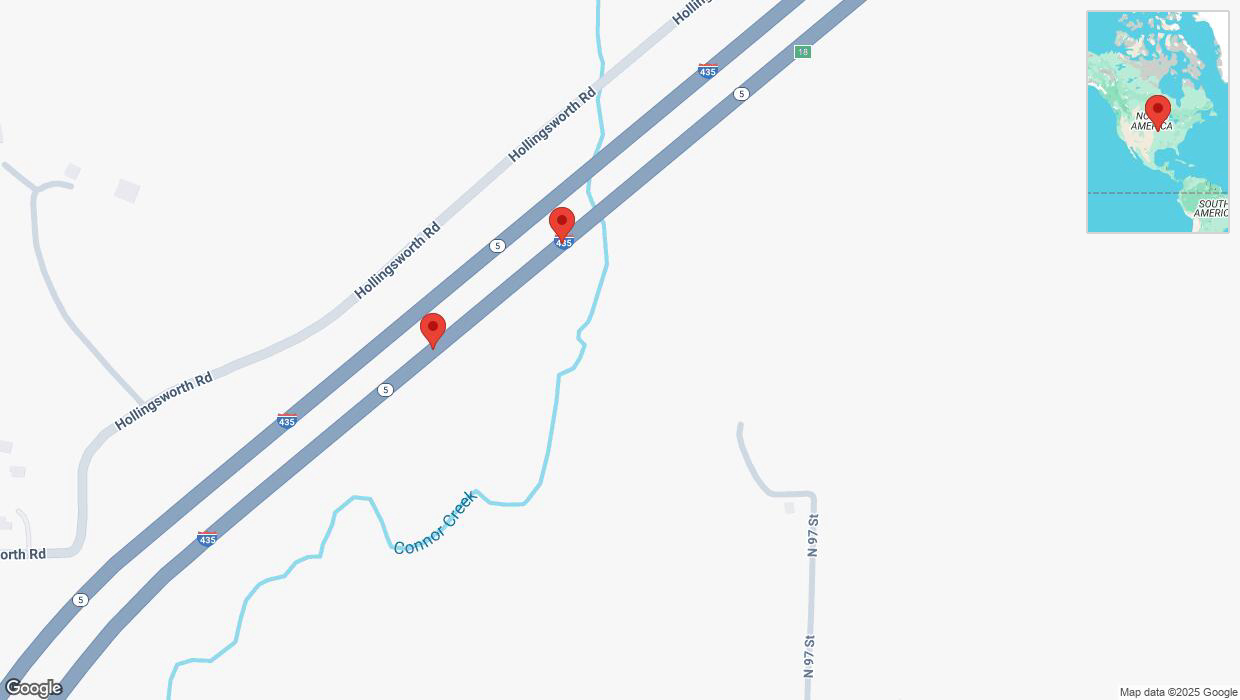 A detailed map that shows the affected road due to 'Broken down vehicle on northbound I-435 in Kansas City' on February 28th at 12:59 p.m.
