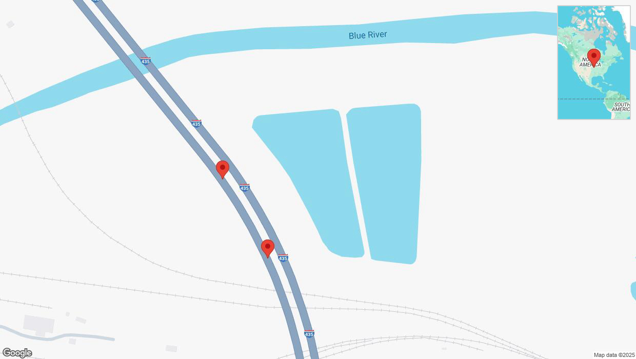 A detailed map that shows the affected road due to 'Broken down vehicle on southbound I-435 in Independence' on February 28th at 1:05 p.m.