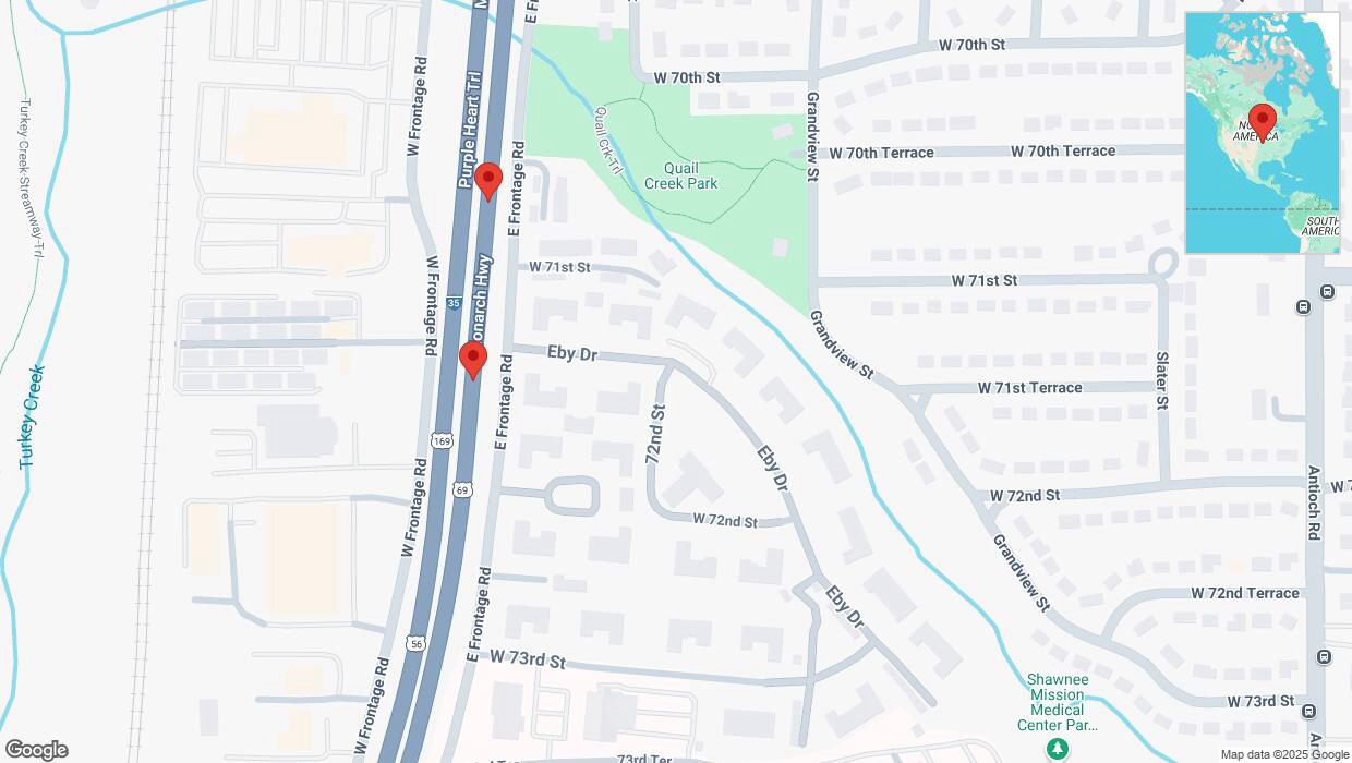 A detailed map that shows the affected road due to 'Broken down vehicle on eastbound I-35 in Merriam' on February 28th at 1:16 p.m.