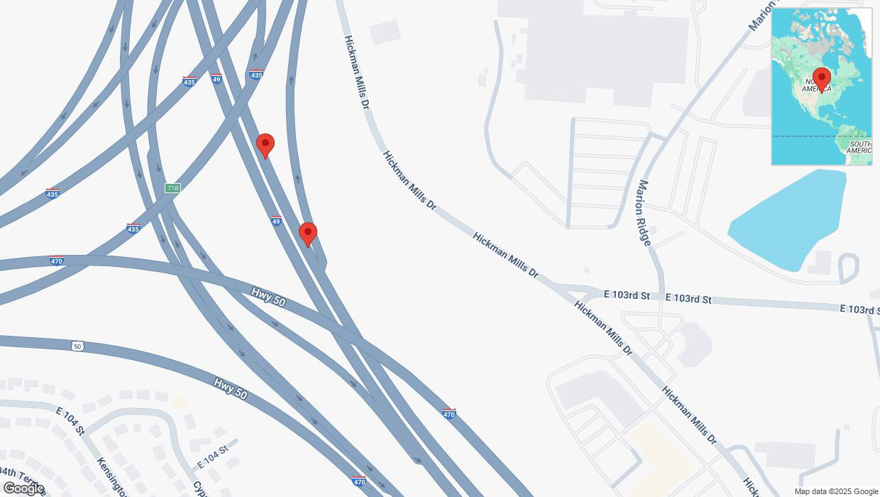 A detailed map that shows the affected road due to 'Broken down vehicle on northbound I-40/US-71 in Kansas City' on February 28th at 1:55 p.m.