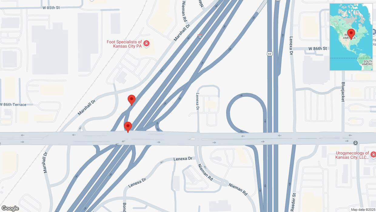 A detailed map that shows the affected road due to 'Warning: Crash on Marshall Drive in Lenexa' on February 28th at 2:46 p.m.