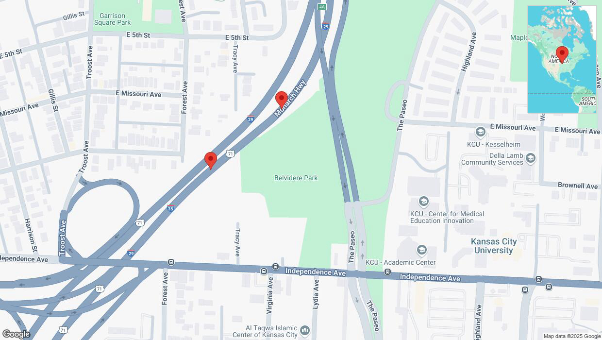 A detailed map that shows the affected road due to 'Broken down vehicle on northbound I-35 in Kansas City' on February 28th at 6:22 p.m.