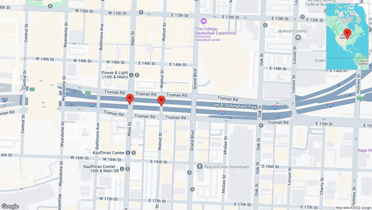 A detailed map that shows the affected road due to 'Broken down vehicle on eastbound I-670 in Kansas City' on February 28th at 3:25 p.m.