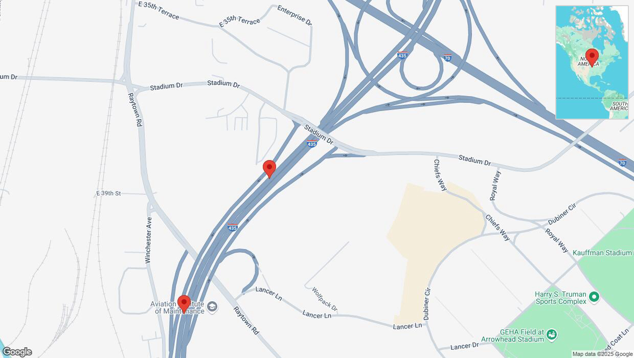 A detailed map that shows the affected road due to 'Broken down vehicle on southbound I-435 in Kansas City' on February 28th at 3:43 p.m.