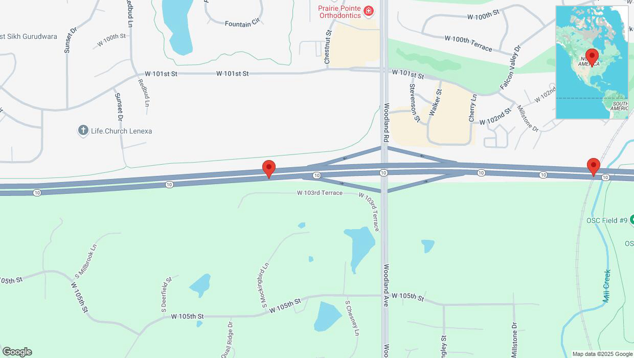 A detailed map that shows the affected road due to 'Crash reported on eastbound K-10 in Lenexa' on February 28th at 3:51 p.m.