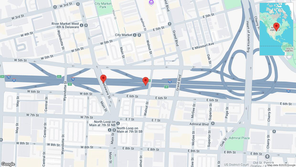 A detailed map that shows the affected road due to 'Warning: Crash on eastbound I-70/I-35 in Kansas City' on February 28th at 4:35 p.m.