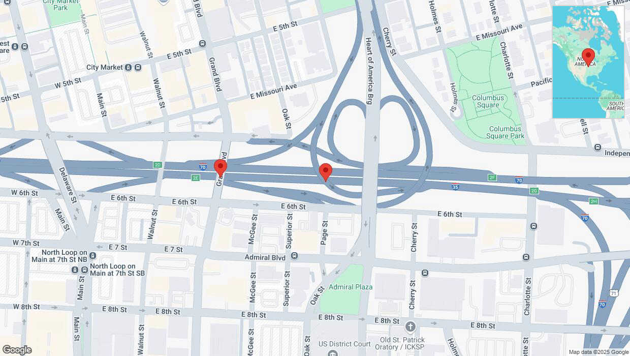 A detailed map that shows the affected road due to 'Broken down vehicle on eastbound I-70/I-35 in Kansas City' on February 28th at 4:58 p.m.