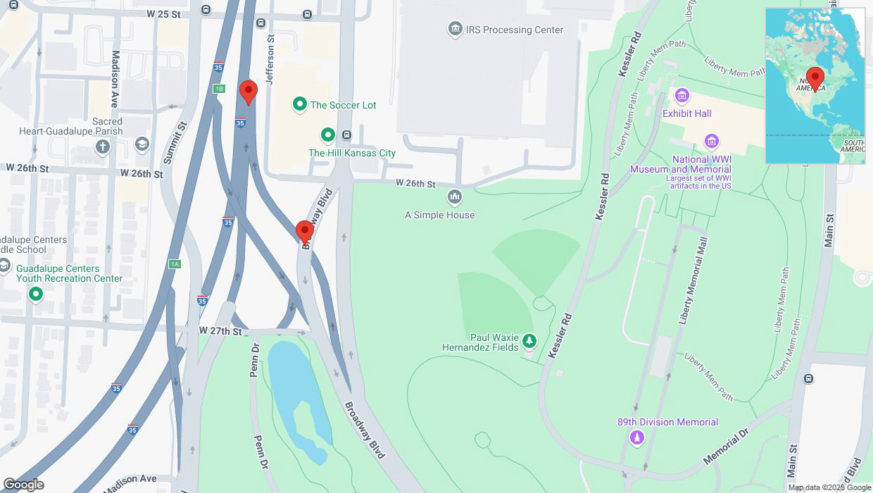 A detailed map that shows the affected road due to 'Broken down vehicle on West 26th Street in Kansas City' on February 28th at 5:09 p.m.