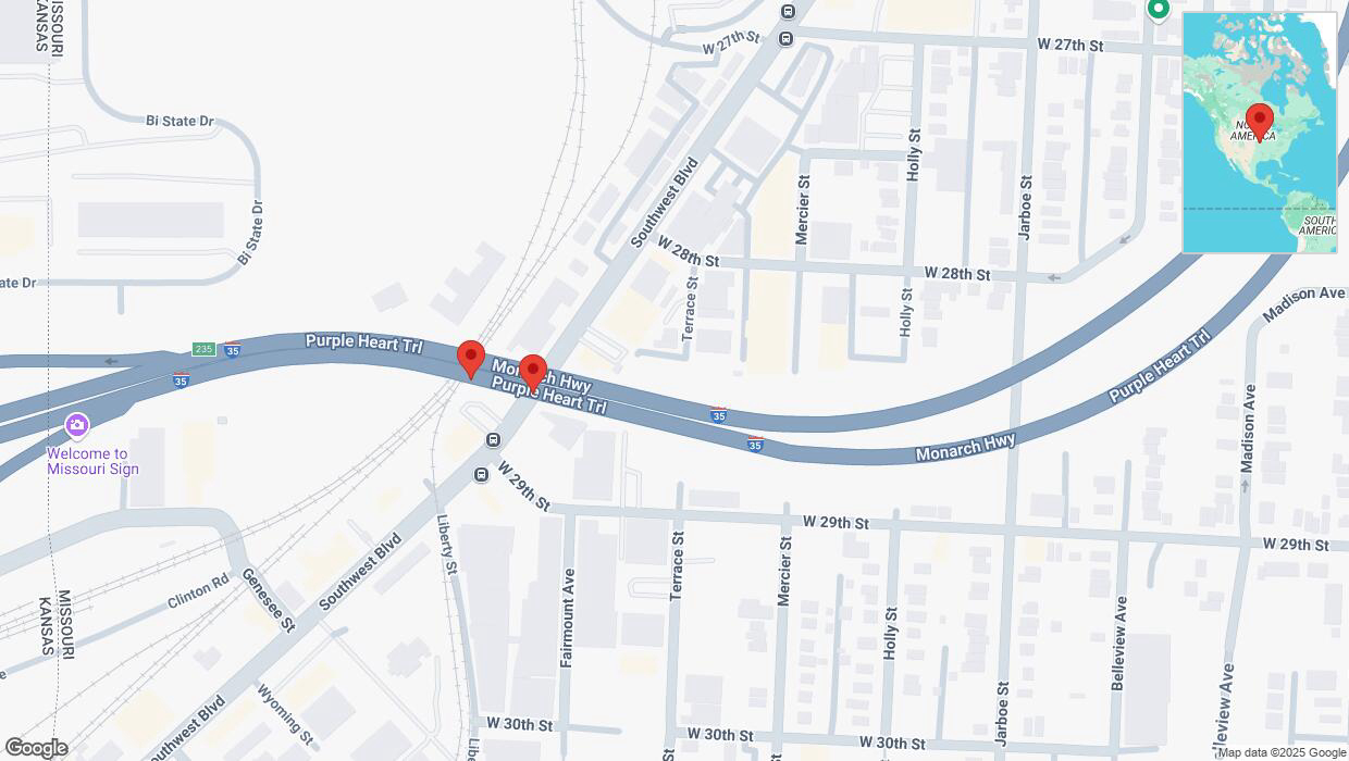 A detailed map that shows the affected road due to 'Broken down vehicle on northbound I-35 in Kansas City' on February 28th at 5:49 p.m.