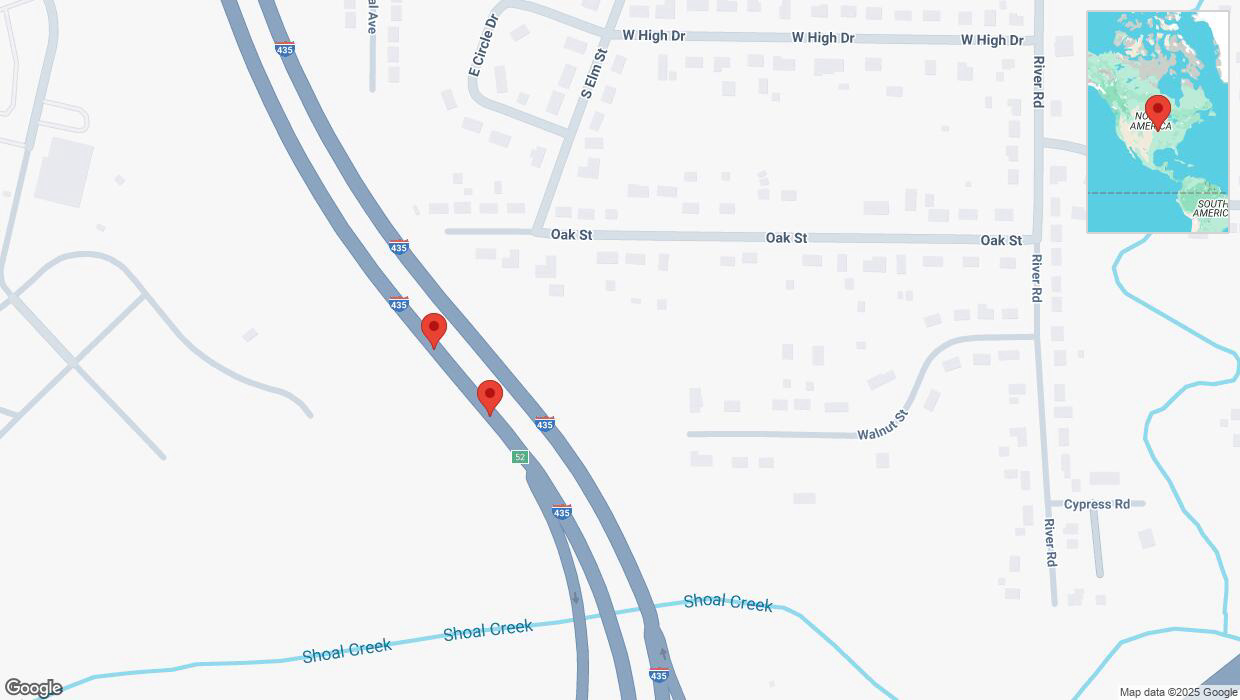 A detailed map that shows the affected road due to 'Broken down vehicle on southbound I-435 in Pleasant Valley' on February 28th at 5:38 p.m.