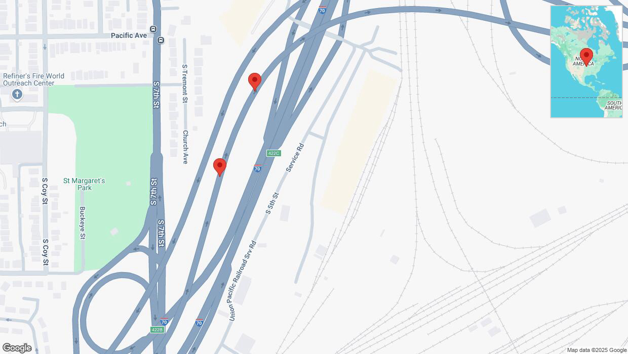 A detailed map that shows the affected road due to 'Broken down vehicle on eastbound I-670 in Kansas City' on February 28th at 6:34 p.m.
