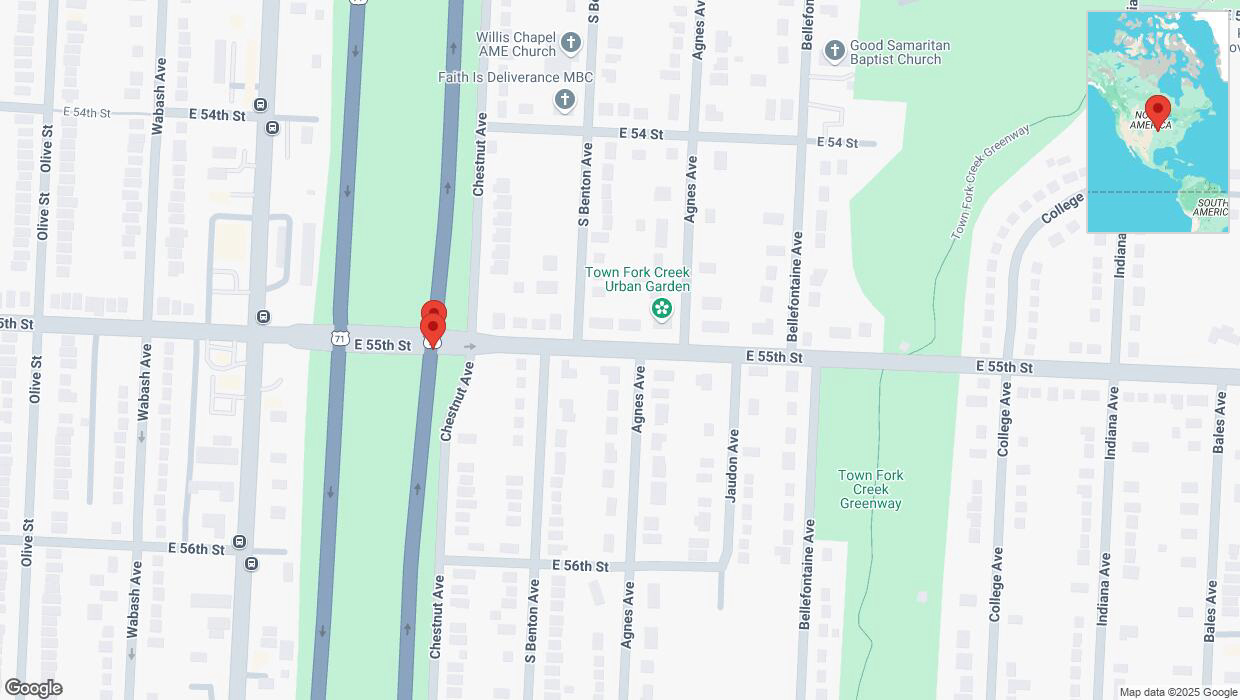 A detailed map that shows the affected road due to 'Broken down vehicle on northbound the Bruce R Watkins Expressway/US-71 in Kansas City' on February 28th at 6:46 p.m.