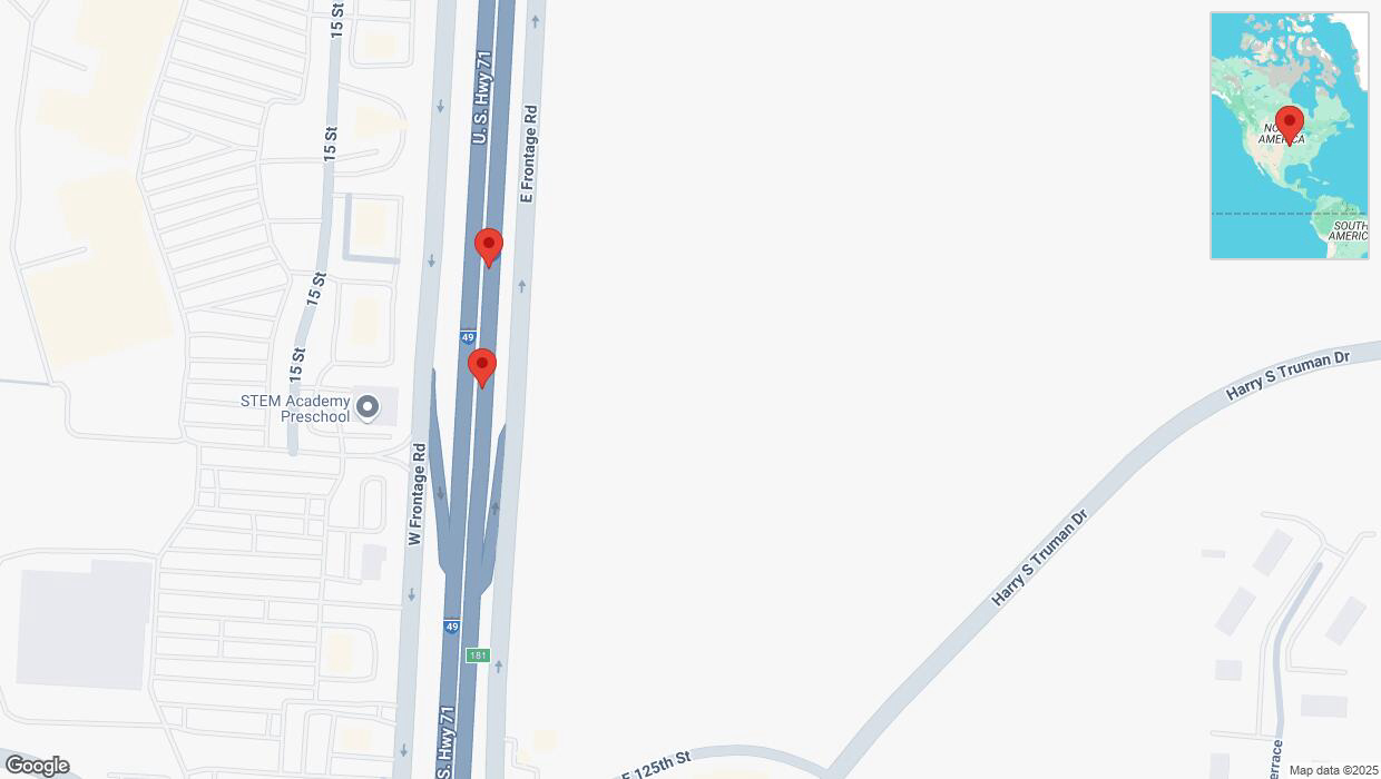 A detailed map that shows the affected road due to 'Broken down vehicle on northbound I-40/US-71 in Grandview' on February 28th at 8:09 p.m.