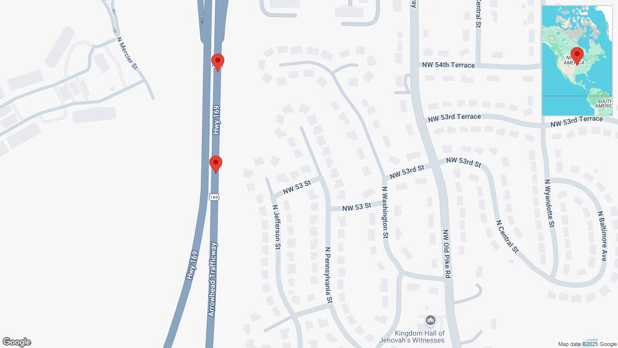A detailed map that shows the affected road due to 'Broken down vehicle on northbound US-169 in Kansas City' on February 28th at 7:31 p.m.