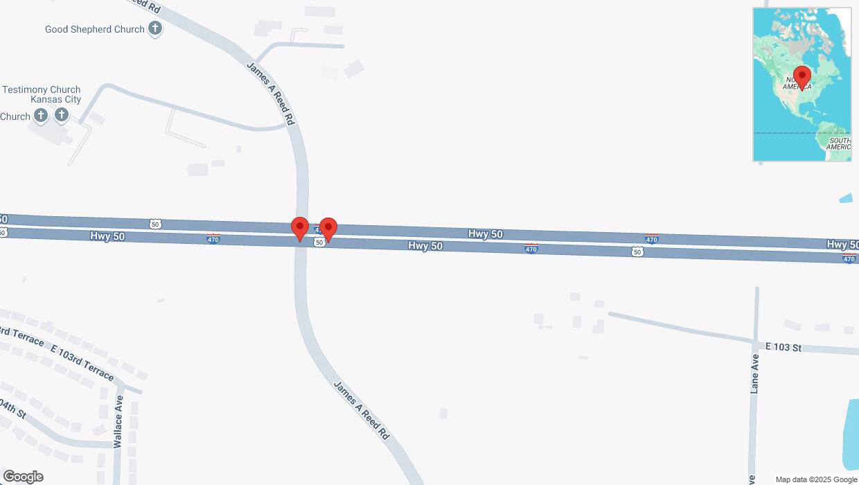A detailed map that shows the affected road due to 'Broken down vehicle on eastbound I-470 in Kansas City' on February 28th at 7:14 p.m.