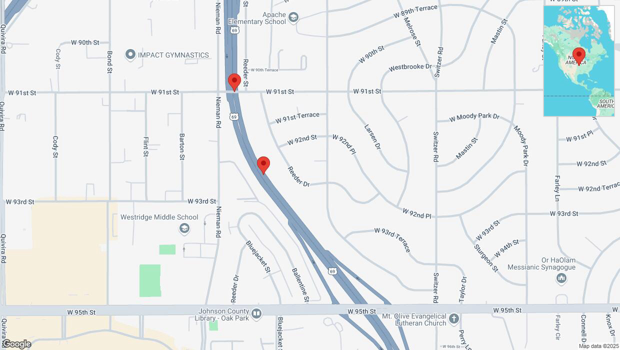 A detailed map that shows the affected road due to 'Broken down vehicle on northbound US-69 in Overland Park' on February 28th at 9:21 p.m.