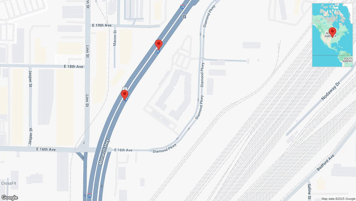 A detailed map that shows the affected road due to 'Broken down vehicle on northbound I-29/I-35 in North Kansas City' on February 28th at 11:18 p.m.