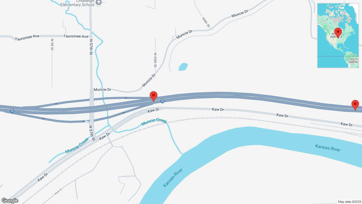 A detailed map that shows the affected road due to 'Warning: Crash on eastbound I-70 in Kansas City' on March 1st at 12:05 p.m.