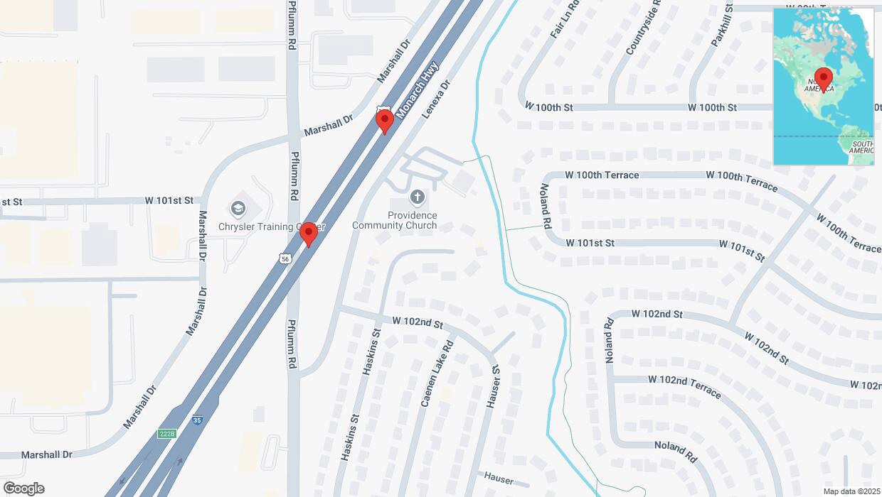 A detailed map that shows the affected road due to 'Broken down vehicle on eastbound I-35 in Lenexa' on March 1st at 2:24 p.m.