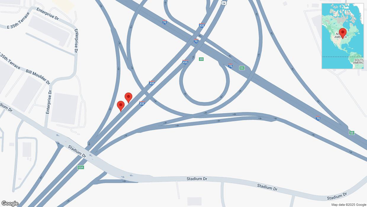 A detailed map that shows the affected road due to 'Broken down vehicle on southbound I-435 in Kansas City' on March 1st at 3:36 p.m.