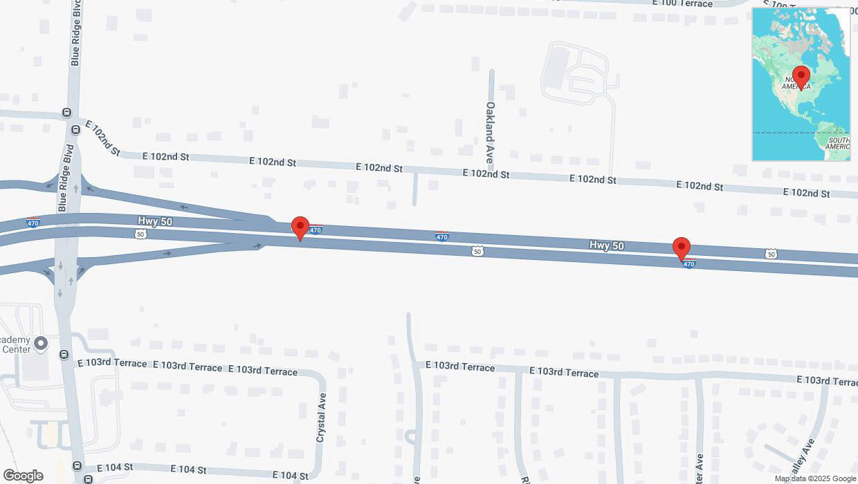 A detailed map that shows the affected road due to 'Broken down vehicle on eastbound I-470 in Kansas City' on March 1st at 3:36 p.m.
