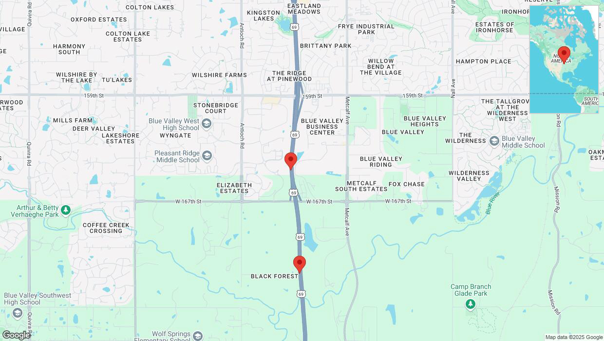 A detailed map that shows the affected road due to 'Lane on US-69 closed in Overland Park' on March 1st at 3:30 p.m.